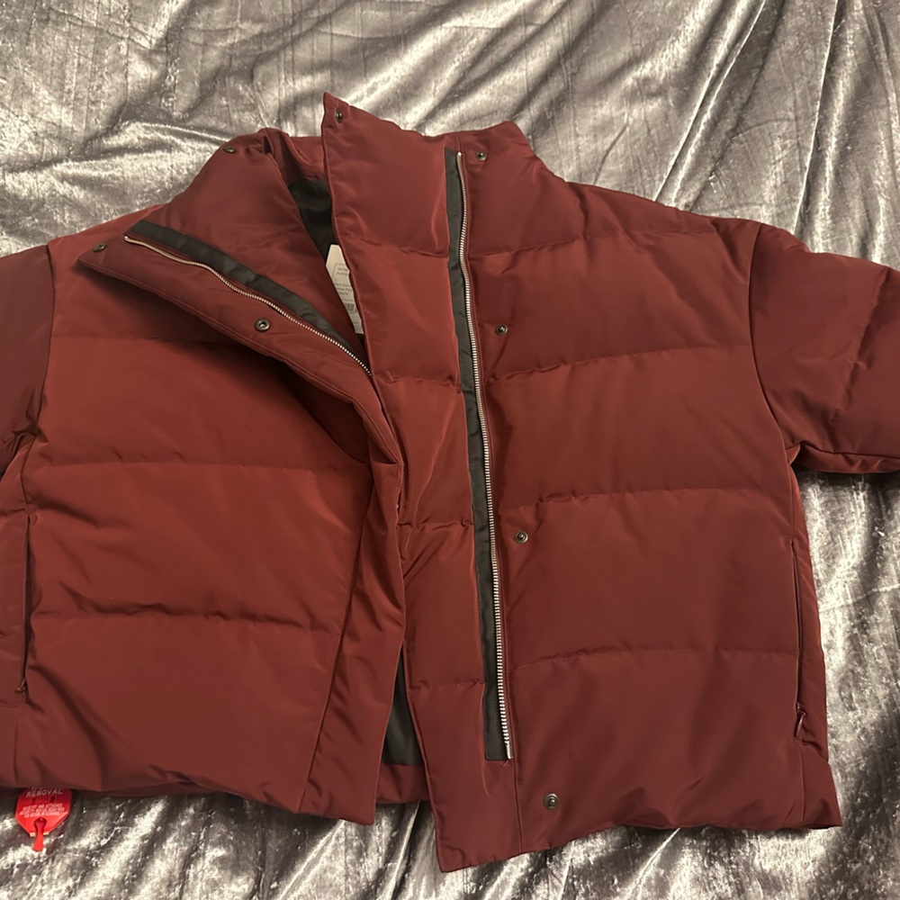 Theory offset puffer coat in beautiful dark current color